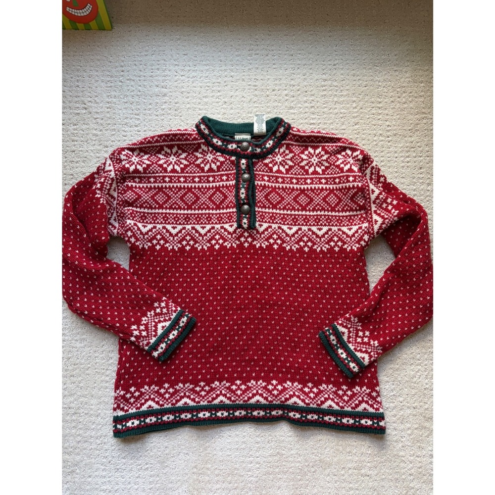 LL Bean Sweater S Red Fair Isle 100% Cotton Cabincore Heritage Vintage Holiday